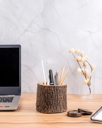 Rustic Wood Pencil Cup Pen Holder for Table Office Desktop Stationary Organizer