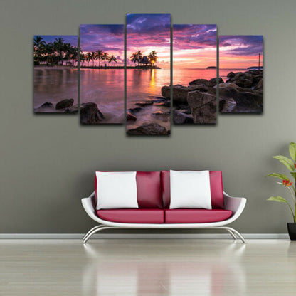 Rock Beach Sunset landscape 5 Pieces Canvas Wall Painting Poster Home Decor
