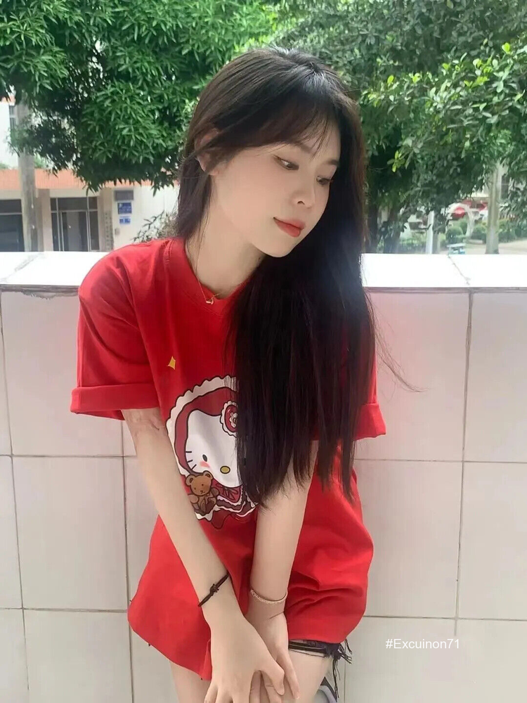 Vintage Y2K Womens Cute Hello Kitty Red Casual Short Sleeves Tops Loose