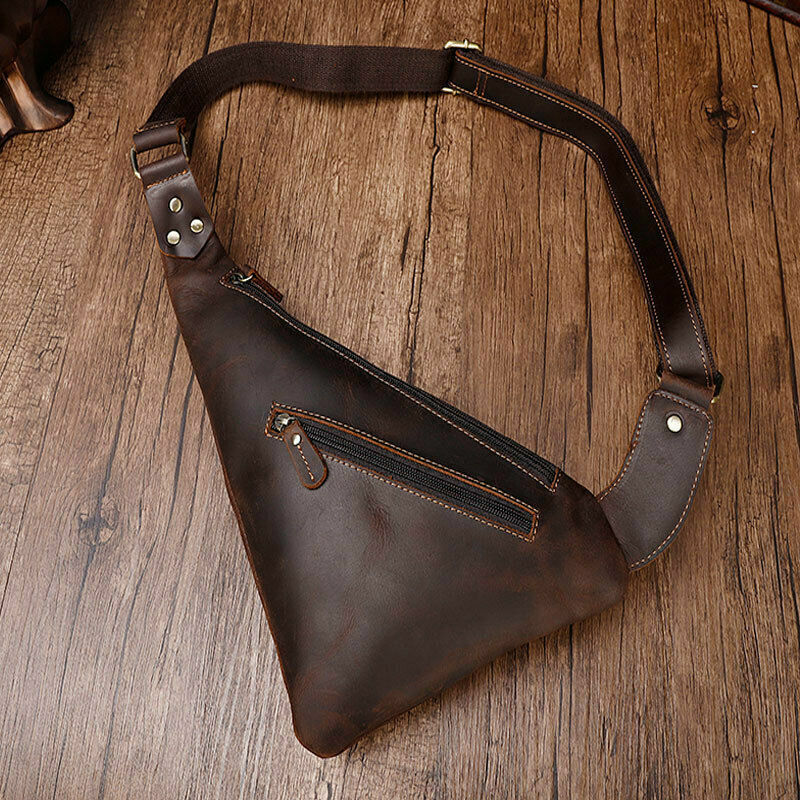 Crazy Horse Leather Men's Sling Crossbody Chest Bag Shoulder BagTriangle Daypack