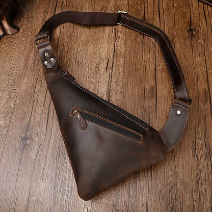 Crazy Horse Leather Men's Sling Crossbody Chest Bag Shoulder BagTriangle Daypack