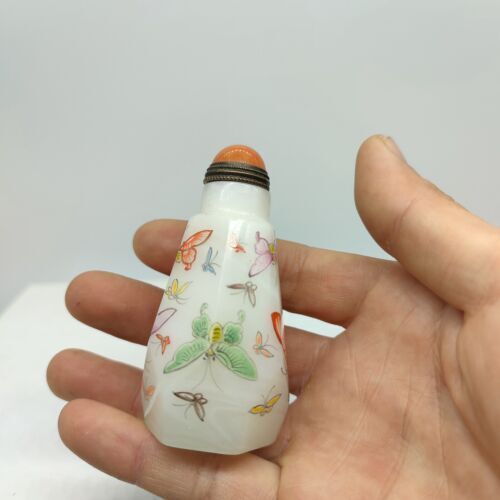 vintage chinese peking glass snuff bottle painted butterfly Liuli painting rare