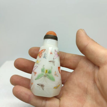 vintage chinese peking glass snuff bottle painted butterfly Liuli painting rare