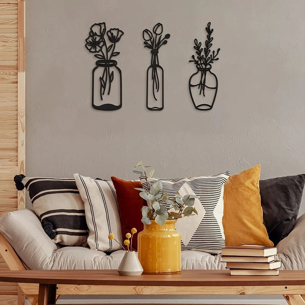 3pcs Metal Flower Wall Decor, Vase Wall Art Tulip Wire Iron Decor, Floral Wall
