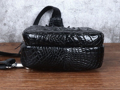 Black Alligator Crocodile Skin Leather Sling Backpack Men's Luxury Crossbody bag