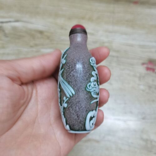 Collection Chinese Beijing Glaze Carved Flower Bird Exquisite Snuff Bottle Glass