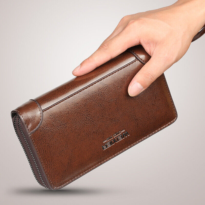 Men Business Leather Long Wallet Double Zipper Card Holder Clutch Bag Phone Case