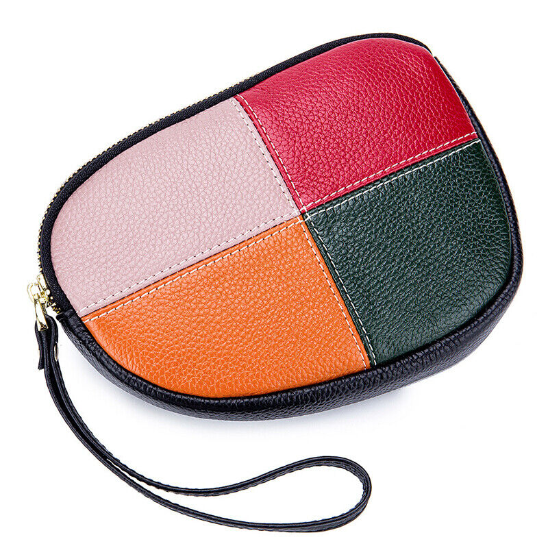 Womens Leather Hand Collar Bag Zipper Contrast Color Cowhide Phone Clutch Wallet