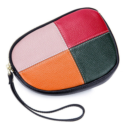 Womens Leather Hand Collar Bag Zipper Contrast Color Cowhide Phone Clutch Wallet
