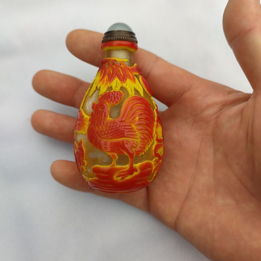 Old Beijing chinese colored glaze snuff bottle glass box gift rooster statue art