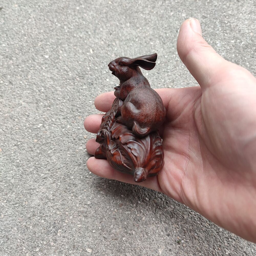 Wooden Carved Lucky Mini Rabbit Statue Gift Chinese Cabbage Money Ornament Decor