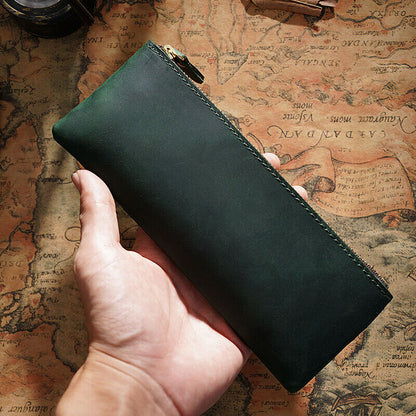 Handmade Crazy Horse Leather Vintage Larege Pen Bag Pencil Case for 5-10 Pens