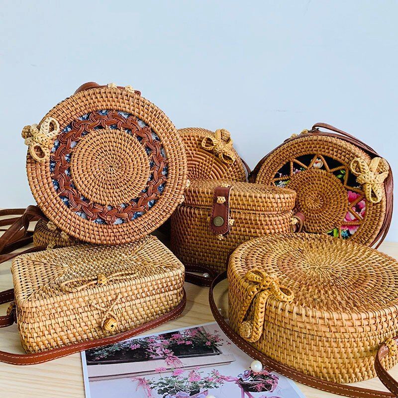 Straw Bag Round Woven Handmade Summer Polyester Crossbody Shoulder Bag Polyester