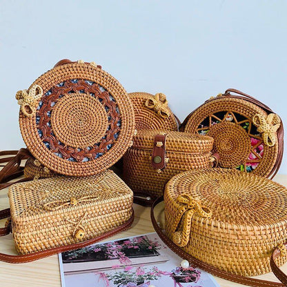 Straw Bag Round Woven Handmade Summer Polyester Crossbody Shoulder Bag Polyester