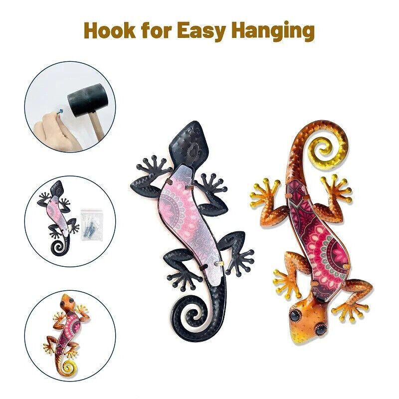 Wall Decoration 2Pcs Metal Gecko Lizard Sculptures Garden Yard Patio Art Statues