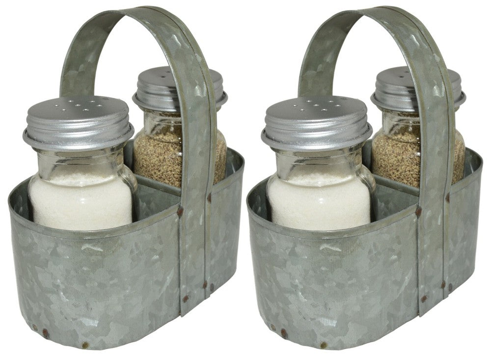 Farmhouse Salt & Pepper Shakers with Caddy Set, Galvanized Rustic Vintage Style