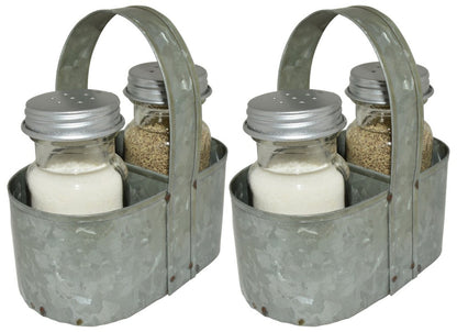 Farmhouse Salt & Pepper Shakers with Caddy Set, Galvanized Rustic Vintage Style