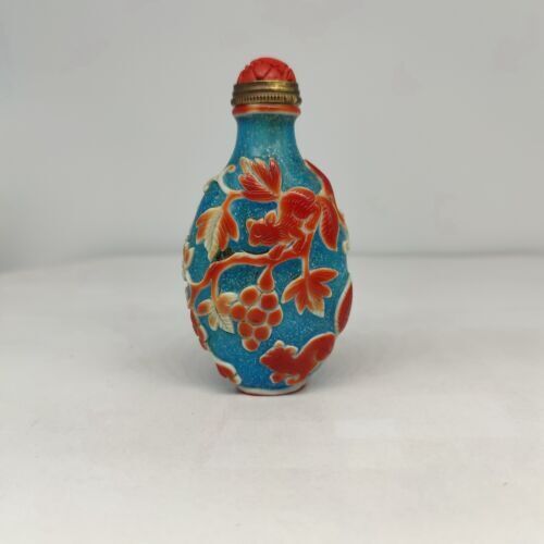 collection Beijing chinese glass snuff bottle carved squirrel statue carving red