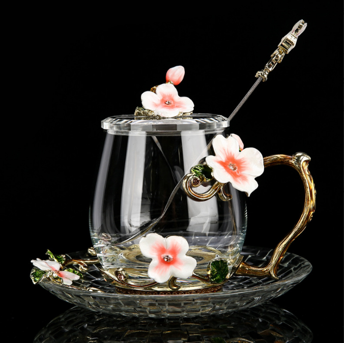 Enamel color water cup set with lid spoon crystal glass coffee cup tea cup