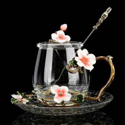 Enamel color water cup set with lid spoon crystal glass coffee cup tea cup