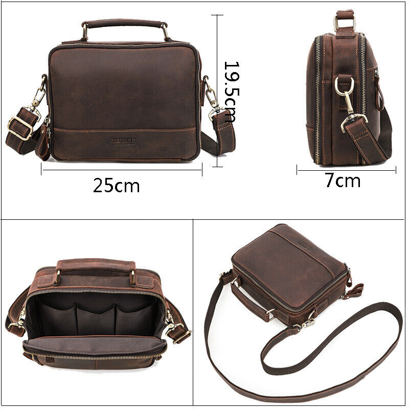 Crazy Horse Leather Men's Sling Shoulder/Messenger Bag Double Zipper 10" Handbag