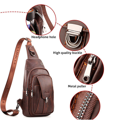 Men's Sling Backpack,100% Genuine Leather Chest bag Crossbody Bag Shoulder Bag