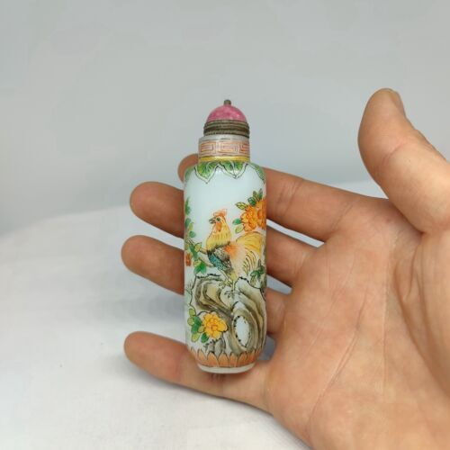 vintage chinese peking glass snuff bottle hand painted rooster cock statue qing