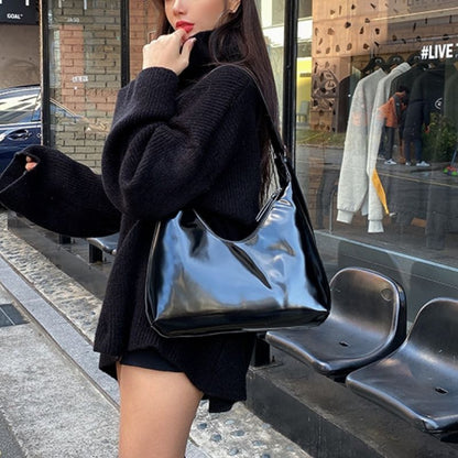 Women Shoulder Bags Vintage Patent Leather Underarm Bag Retro Half Moon Handbags