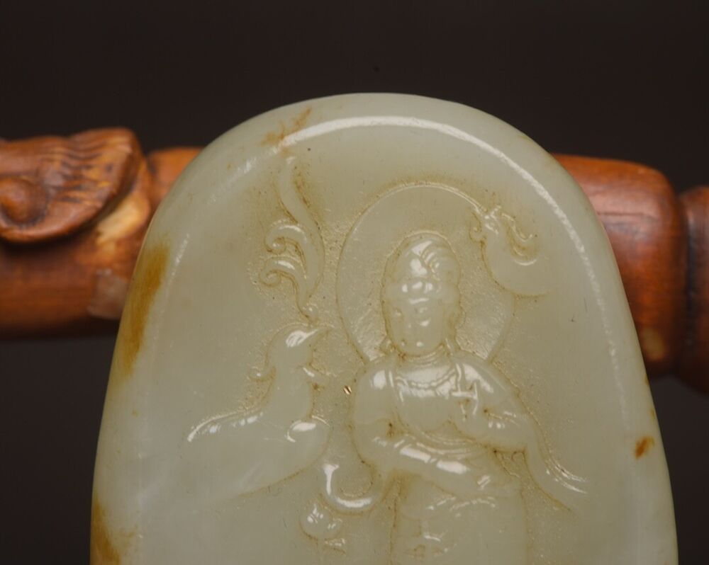 Chinese Natural Hetian Jade Carved Kwan Yin Statue Good Luck Pendant Jewelry Art