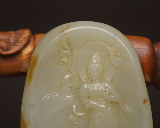 Chinese Natural Hetian Jade Carved Kwan Yin Statue Good Luck Pendant Jewelry Art