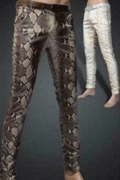 New mens slim fit pencial faux leather snakeskin Pattern prints pants trousers @