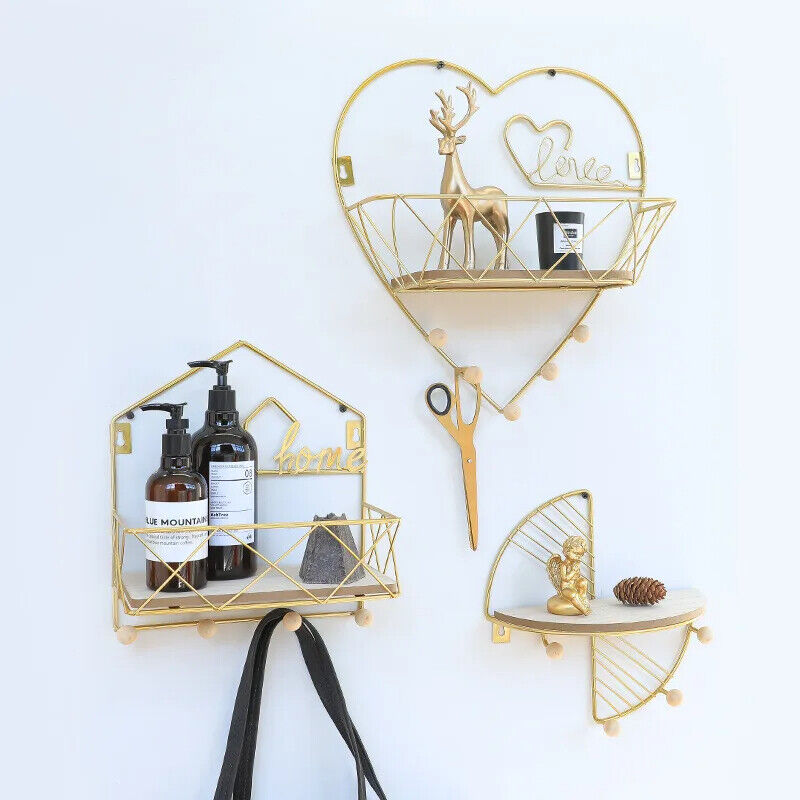Wall Display Stands Iron+Wood Golden Home Hanging Decorations Storage Rack Hook