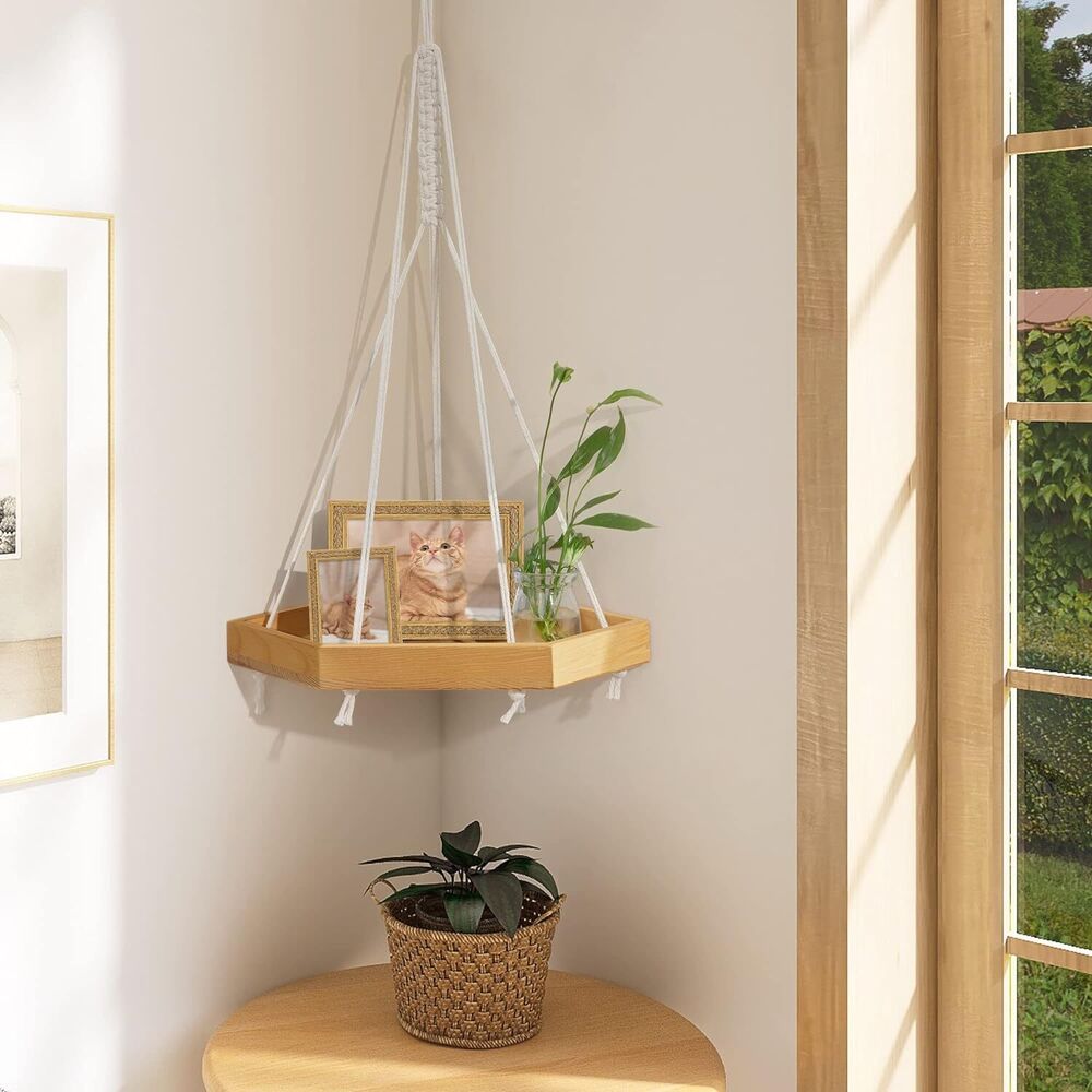 Hanging Corner Shelf Boho Rustic Farmhouse Macrame Pine Wood Decor Plant Display