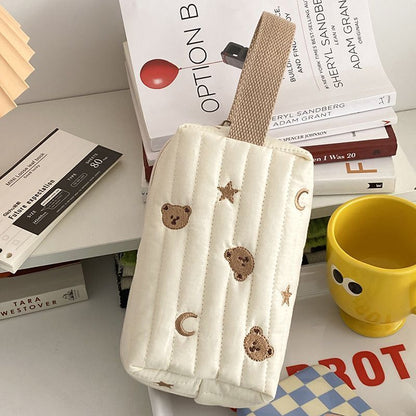 Embroidery Bear Makeup Bag Cotton Canvas Zipper Cosmetic Organizer Pouch Cases