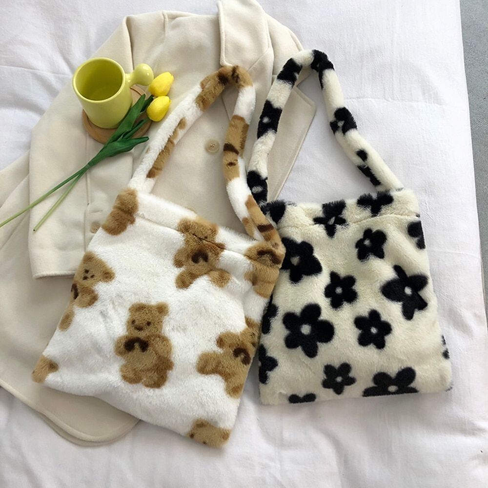 Shopping Bag Flower Print Plush Shoulder Large Handbags Underarm Bags 30*30*2 CM