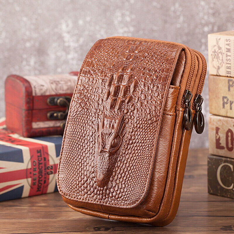 100% Genuine Leather Men's Crocodile Pouch Hook Funny Belt Pack Waist Bag