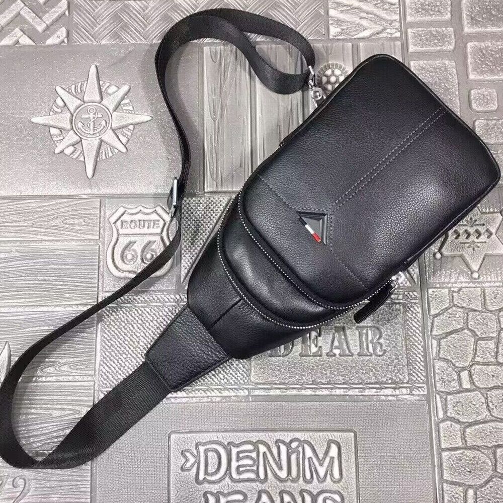 Soft Cow Leather Black Crossbody Chest Bag Hiking Sling Backpack Shoulder Bag