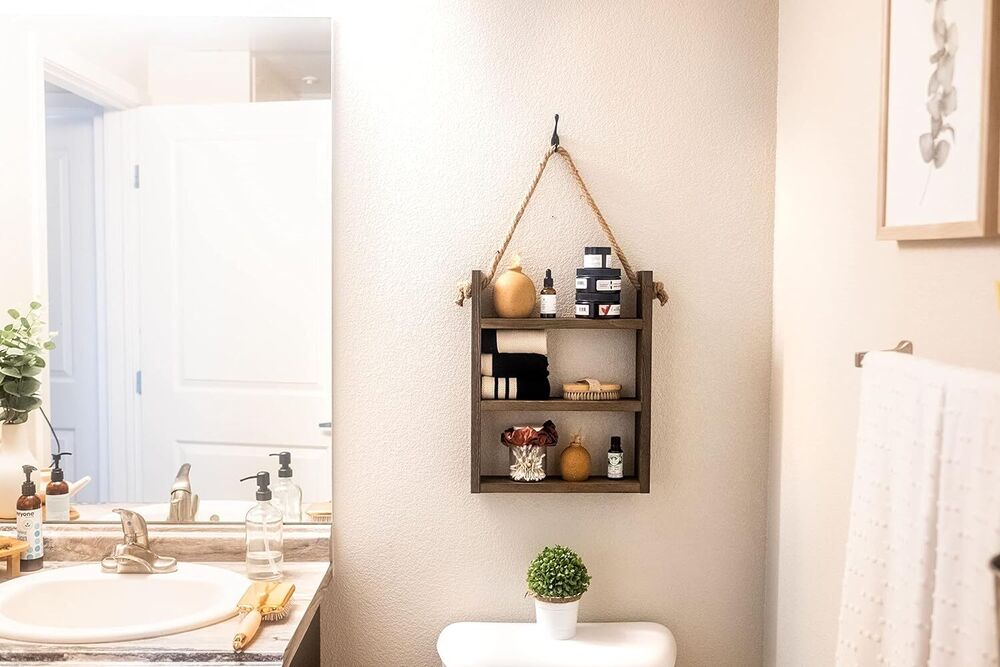 Wooden Rustic Bathroom Floating Rope Shelf Organizer Towel Rack Home Decoration