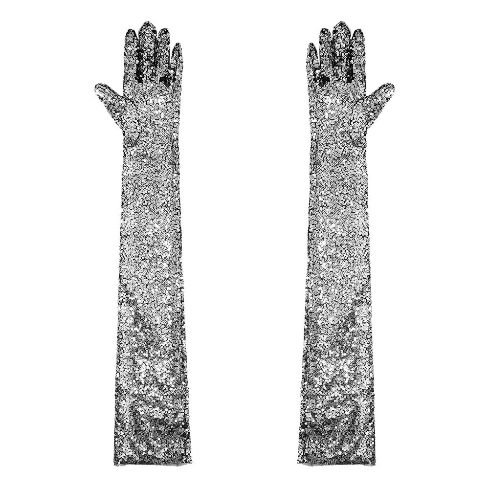 Women Gloves Vintage Shiny Sequin Finger Elbow Length Long Mittens Opera Costume
