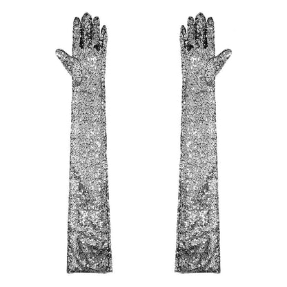 Women Gloves Vintage Shiny Sequin Finger Elbow Length Long Mittens Opera Costume