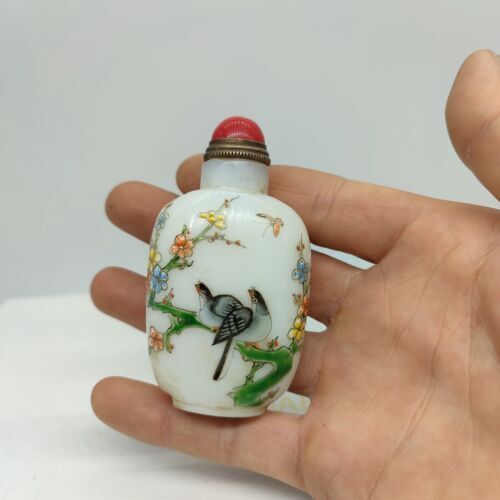 vintage chinese peking glass snuff bottle painted flower bird snuffbox signed