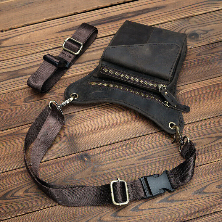 Mens Motorcycle Crazy Horse Leather Drop Leg Bag Tactical Thigh Waist Fanny Pack
