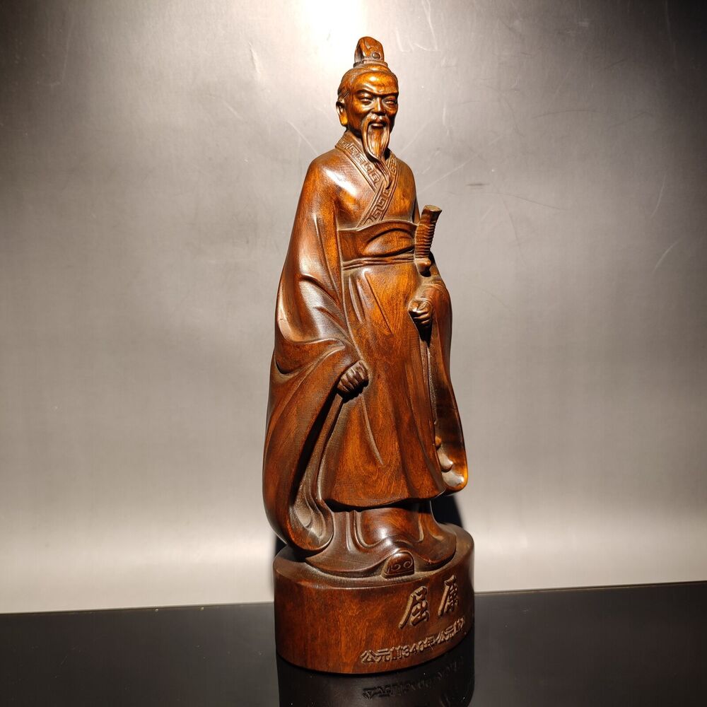 vintage wooden carved figures Quyuan chinese boxwood wood statue Duanwu Festival