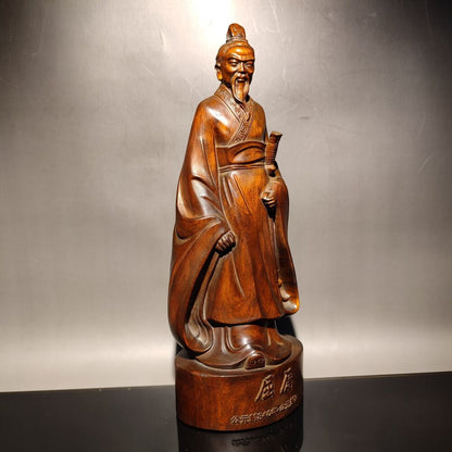 vintage wooden carved figures Quyuan chinese boxwood wood statue Duanwu Festival