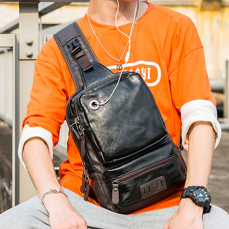 Men's Sling Backpack PU Leather Large Capacity Cross Body Bag Chest Shoulder Bag