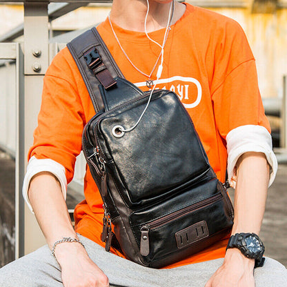 Men's Sling Backpack PU Leather Large Capacity Cross Body Bag Chest Shoulder Bag