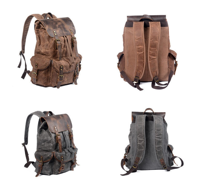 Water Resistant Wax Canvas Real Leather Flap Drawstring Backpack Day bag Travel