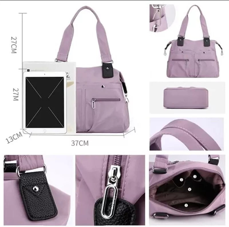 Large Capacity Lightweight Waterproof Multi-Pocket Nylon Shoulder Bag w/Zipper