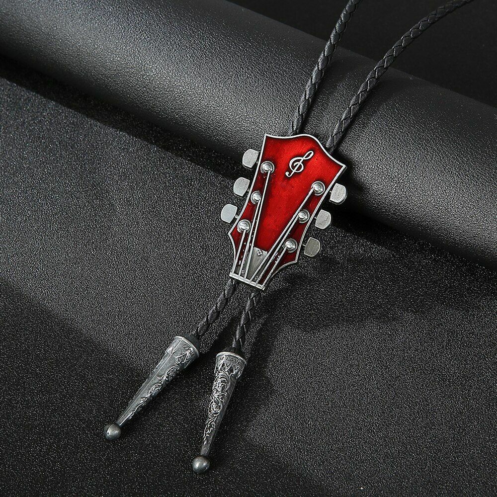 Men Fashion Music Guitar Bolo Ties Pendant Necklace Cowboy Leather Belt Neckties
