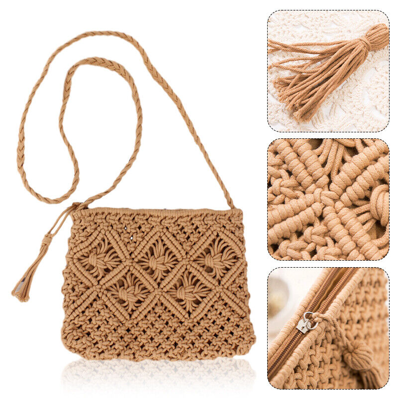 Boho Woven Handbag Women Summer Beach Cotton Tassel Bag Rattan Shoulder Ladies